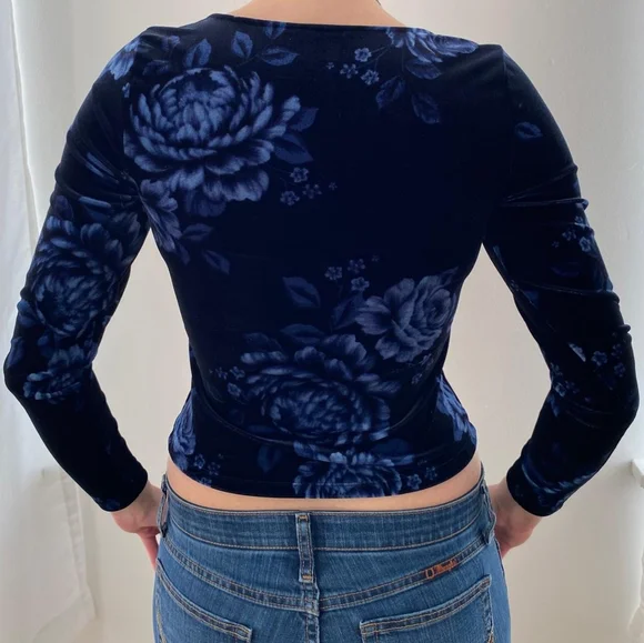 Floral Navy Blue Velvet Women's Top - Picture 2 of 3